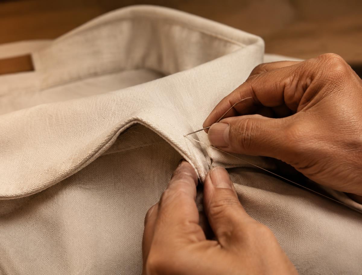 Tailor hand-stitching a shirt collar